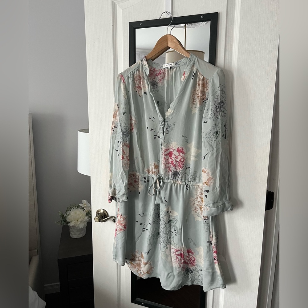 BABATON 100% Silk Floral Print Dress with Drawstring Waist